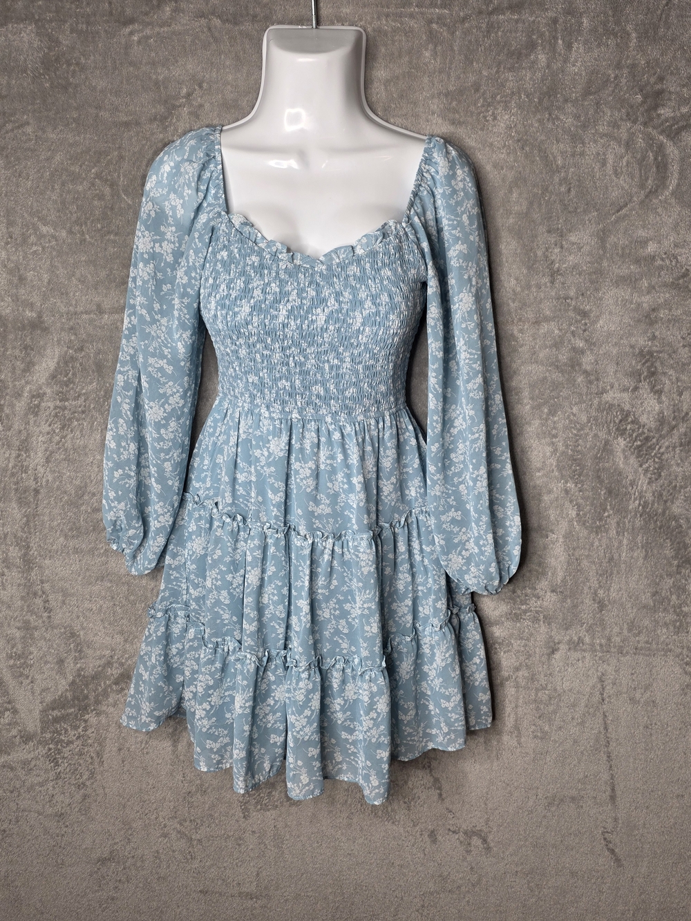 B. DARLIN Blue Floral Smocked Mini Dress Cottagecore Babydoll Size 1/2
